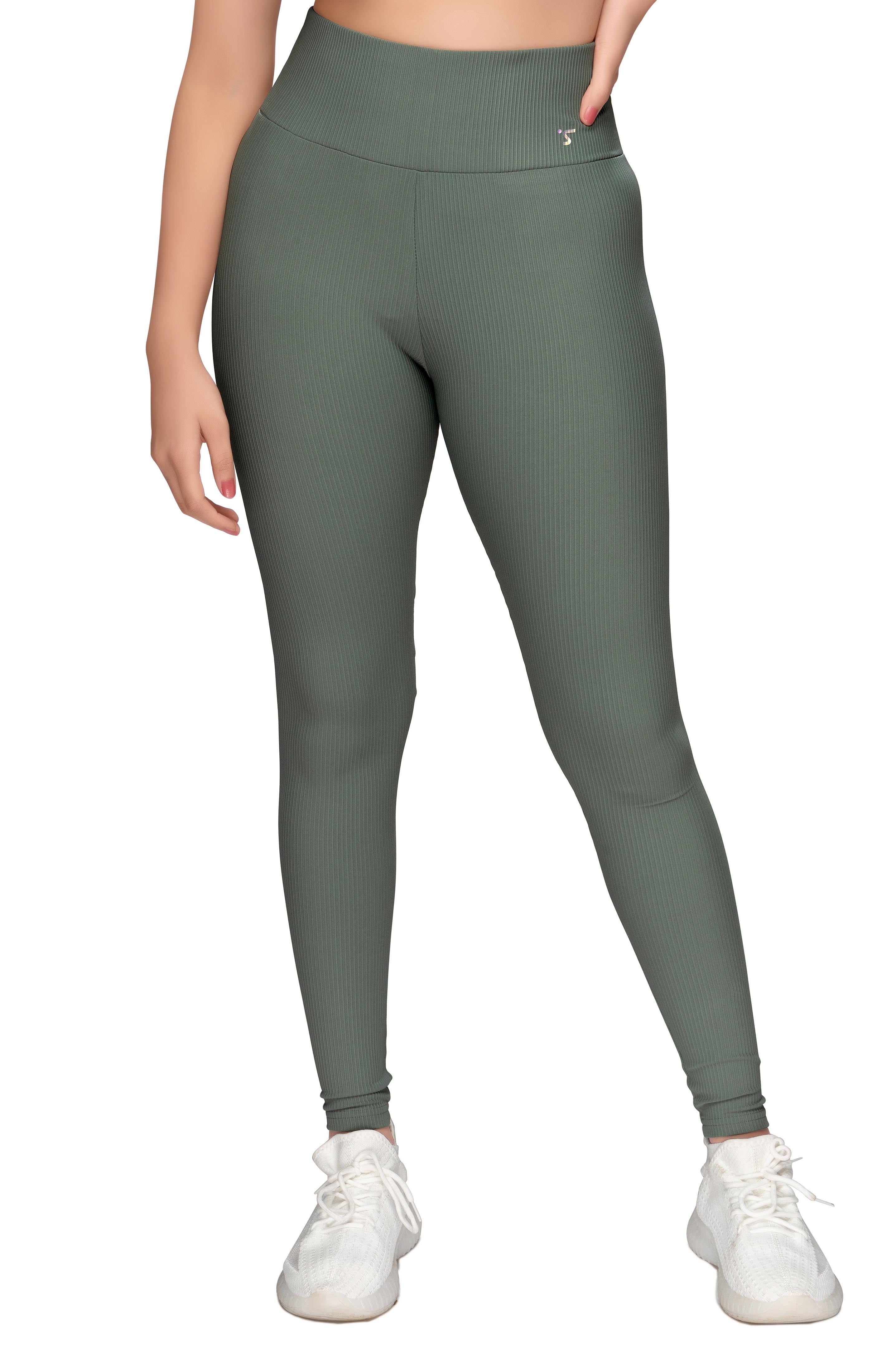 High-Waist Green Ribbed Leggings STY-31-B